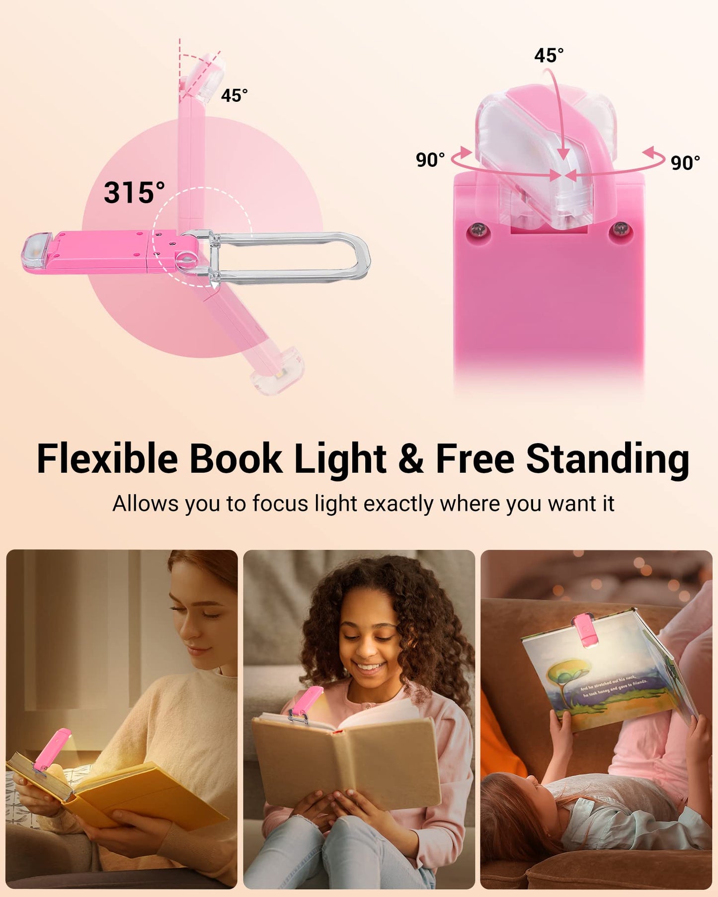 DEWENWILS LED Book Light, USB Rechargeable, Warm White, Brightness Adjustable, Clip-On, Pink