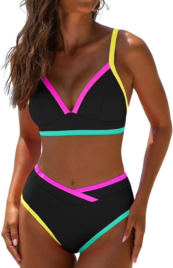 popvil High Waisted Bikini Sets for Women Neon Two Piece Swimsuit Sexy High Cut 2026 Bathing Suit