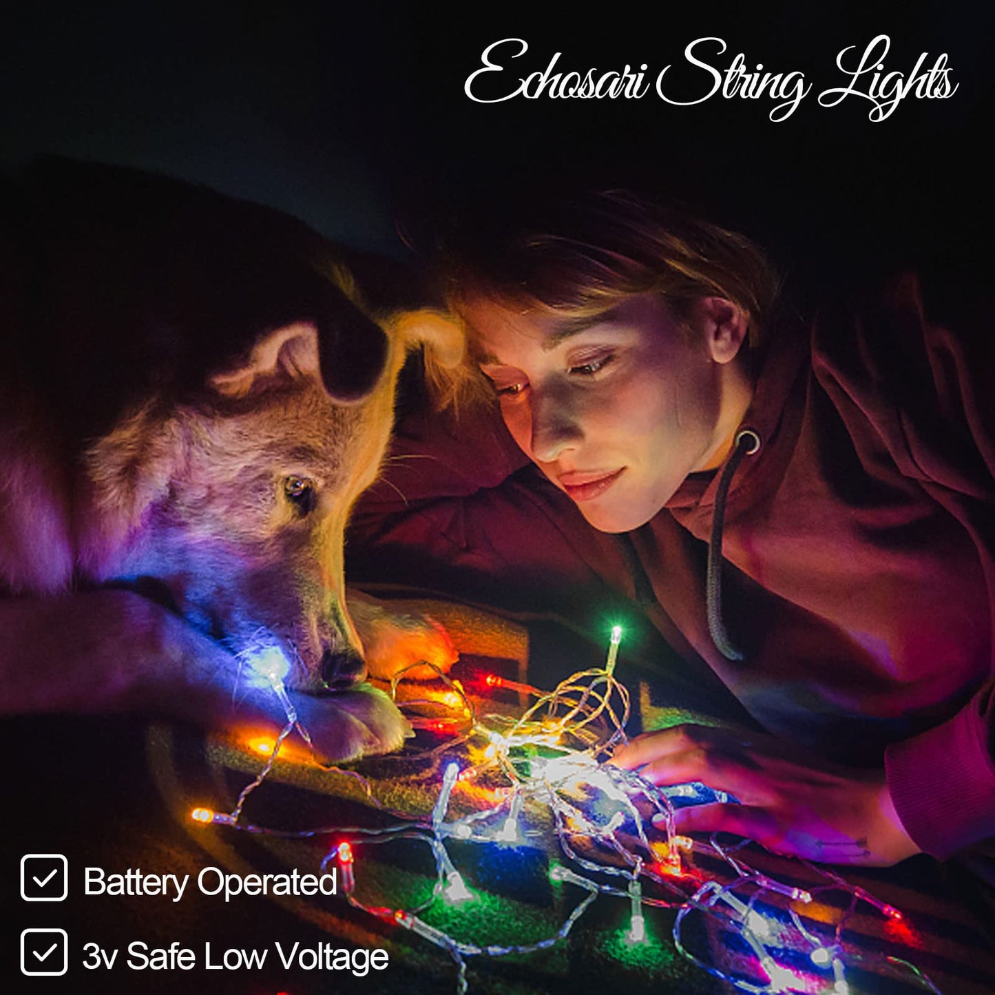 Echosari 100 Leds Outdoor Christmas String Lights - Battery Operated, Remote, Dimmable, 8 Modes, Multicolor, Plastic