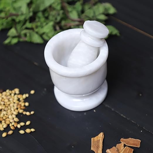 Exquisite Marble Mortar and Pestle Set - Your Ultimate Kitchen Essential for Grinding Spices, Making Guacamole, Salsa, Pesto, and Crushing Pills (White, Oval Shape (2.5"))