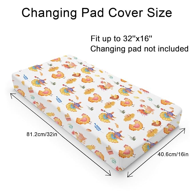 Rooster Hens Chicken Eggs Floral Leaves Changing Pad Cover for Boys Girls Baby Chicken Farm Animals Unisex Diaper Change Pad Table Sheets Soft Stretchy Snug Fitted Change Table Mats 32''x16''