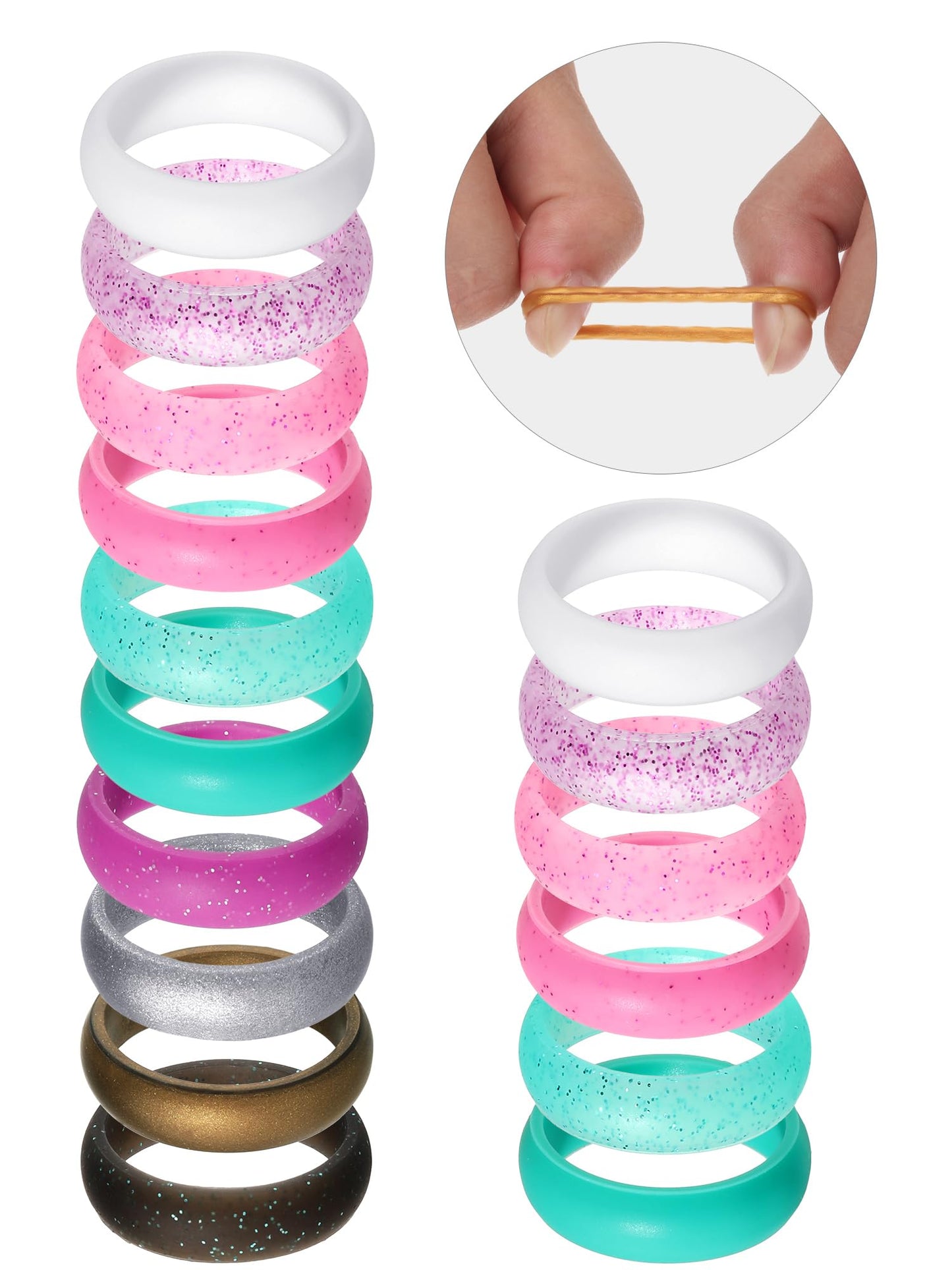 Hicarer 20 Pieces Silicone Wedding Ring for Women, Thin Stackable Silicone Ring for Her Wide Glitter Rubber Bands Wedding Sport