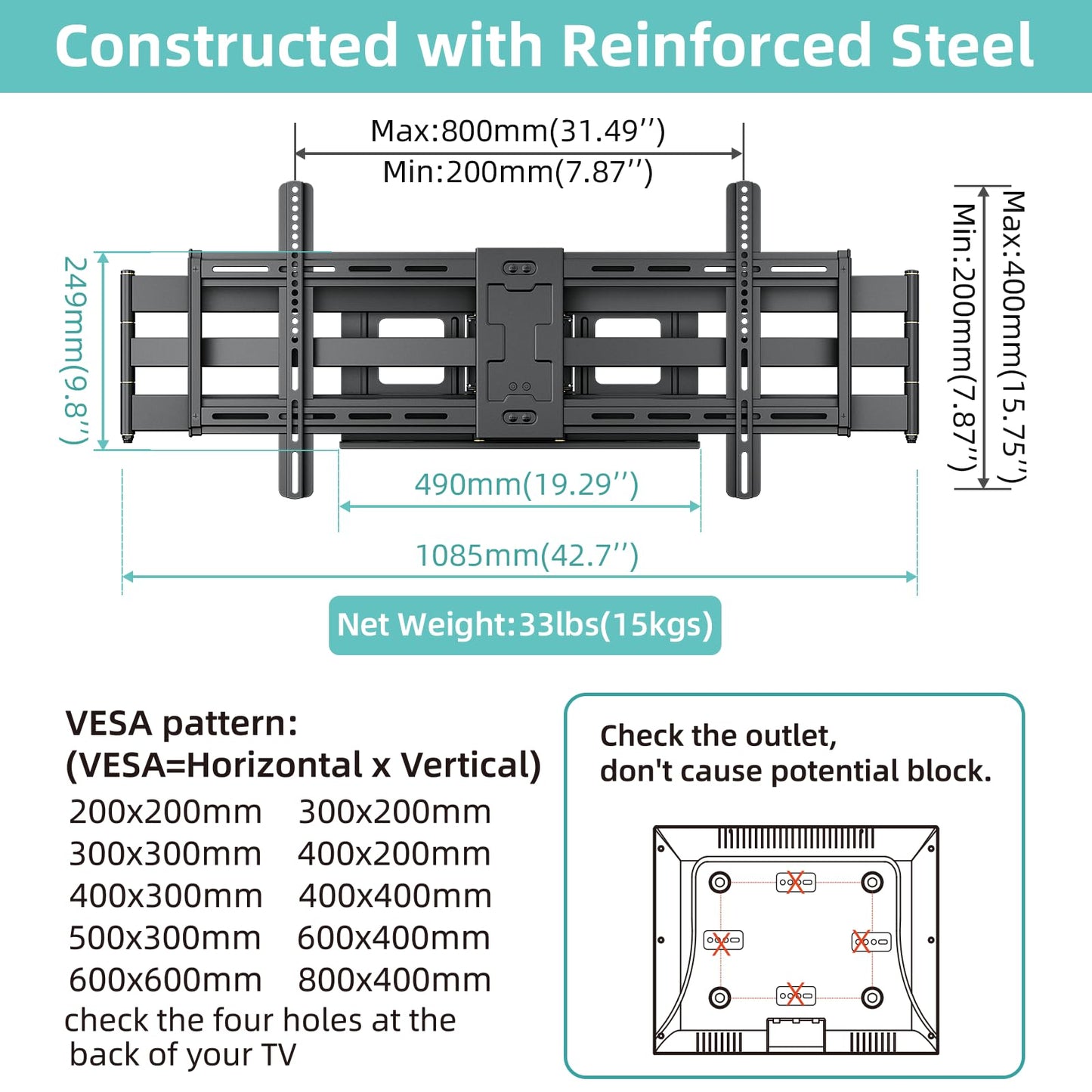 HCMOUNTING Heavy Duty TV Wall Mount for 42-90" TVs, 4X Load Tested Holds 179lbs, 40.9" Smooth Gliding Extension Arms, Full Motion Swivel & Tilt, VESA 800x400, Fits 16-18" Studs