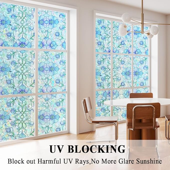 Etched Window Privacy Film Blue Purple Floral Sliding Glass Door Tint No Glue Static Cling Decals 3D Rainbow Decorative Covers Iridescent Anti UV Removal DIY Home Office,35X78.7in.