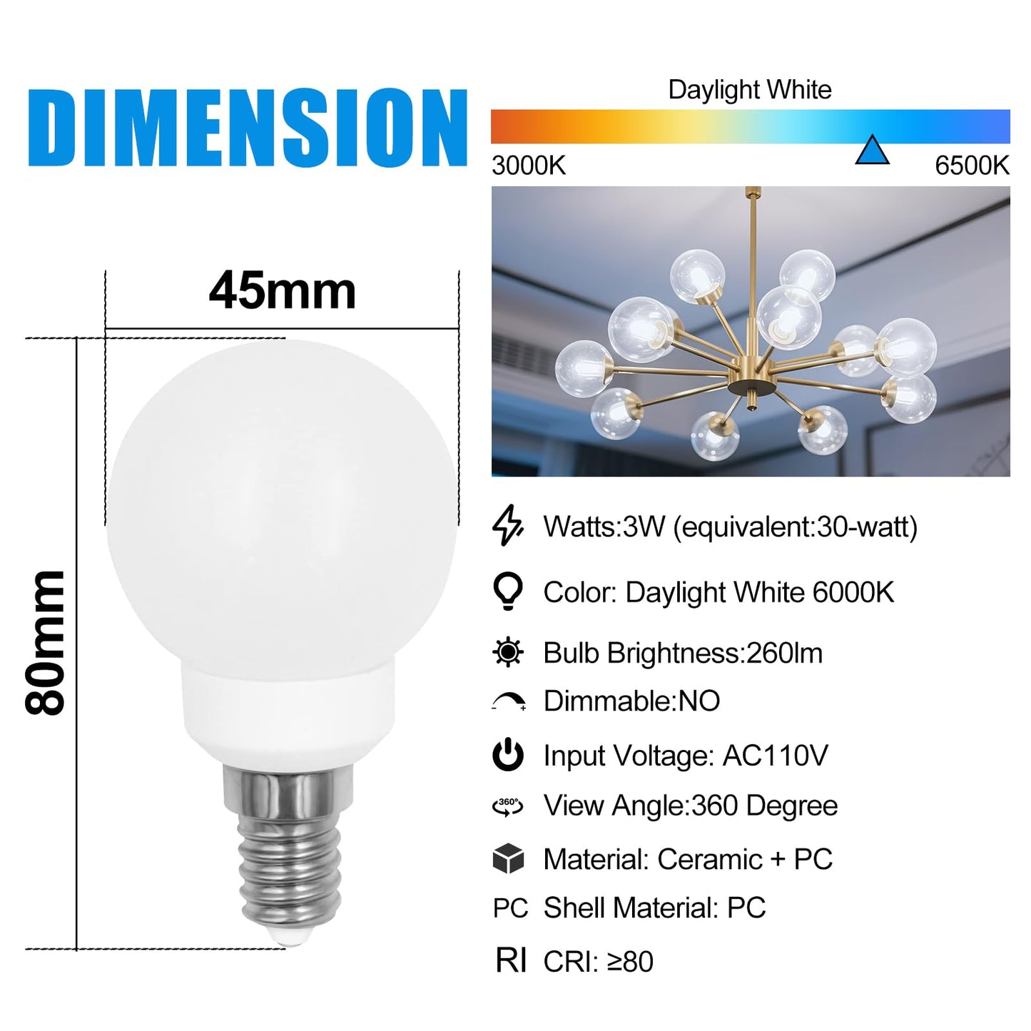 Lflampon Led Light Bulb 6000K Daylight White Candelabra E12 Base Lightbulbs 110V 3W G14/G45 Small Bulbs 25W Equivalent 260Lm Vanity And Ceiling Fan Chandelier Landscape Lighting 2-Pack Non-Dimmable