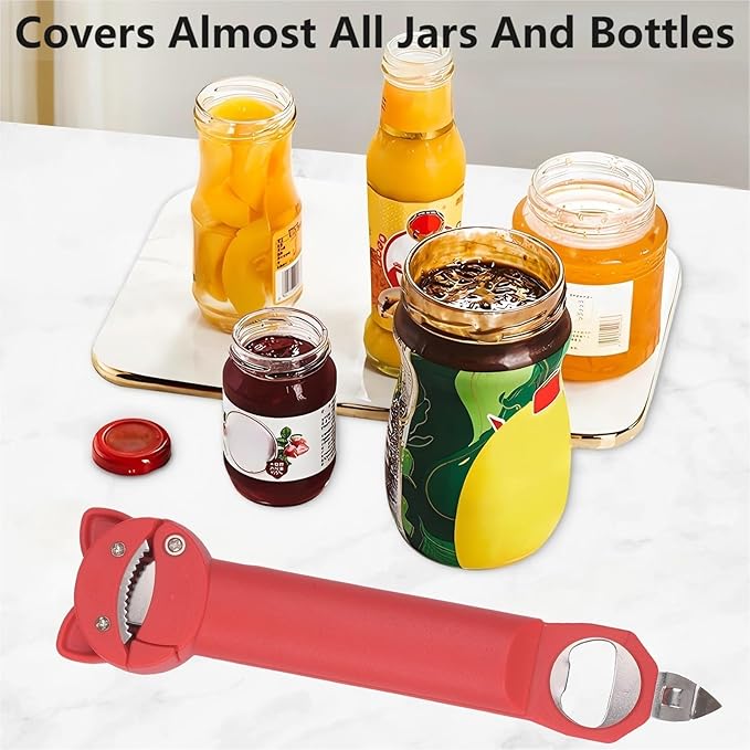 Multi function Retractable Magnetic Can Opener and bottle cap opener for Weak Hands, Arthritic Hands, Seniors,Low Strength and Children with Beer Opener Kitchen Gadgets(Red)