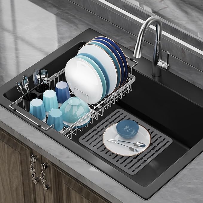 GSlife in Sink Dish Drying Rack - Large Stainless Steel Capacity Expandable Dish Drainer with Sink Protector, 13.4"~20.5'' L x 12.8'' W x 5.7'' H, Silver