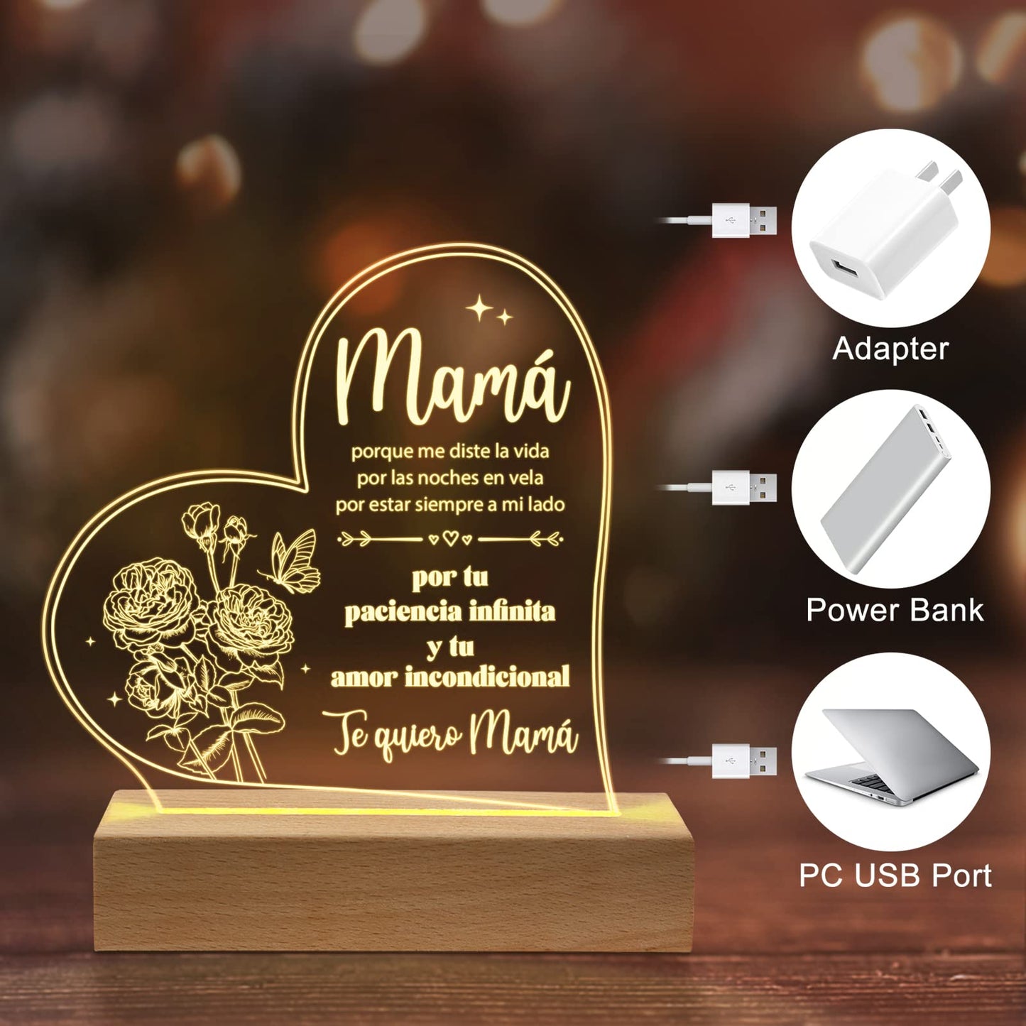 Giltglimmer Acrylic Night Light For Mom - Engraved Spanish Gifts, White, Model Qda15Cxx078