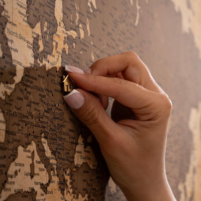Canvas World Map with Cork Pin Board - English Lettering - Decorative Wall Decoration for All Rooms - Canvas Pictures with World Map Motif (70x50 cm, Pattern 1)