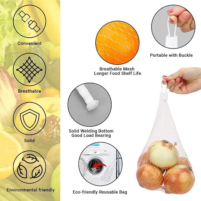 100 Pack Reusable Produce Bags, Seafood Boil Bags with Loop-Style Closures, Mesh Bags for Crawfish Boil Party Supplies Crab Boil Garden Trellis Fruit Hammock Onion Storage, 23.6 inch White