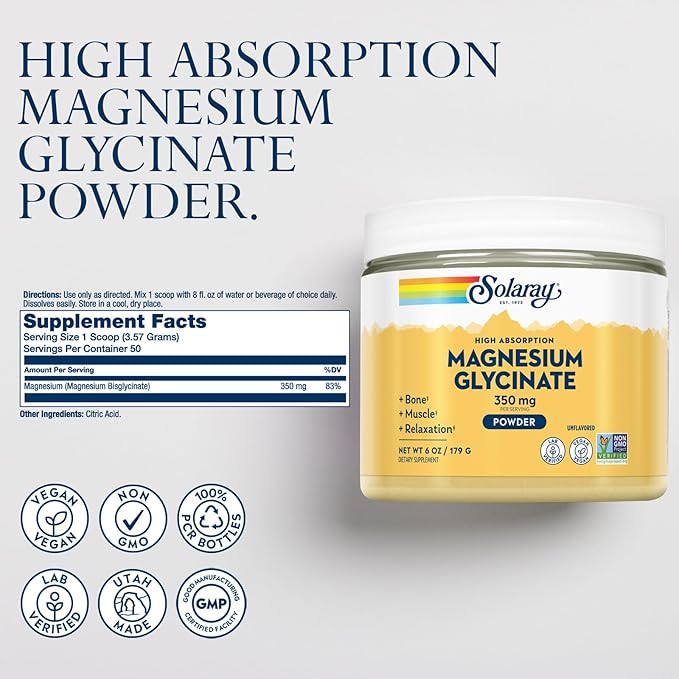 SOLARAY Magnesium Glycinate Powder 350mg and High Energy Multivitamin Bundle - Chelated Magnesium and Once Daily Multi - Bone Health, Muscle, Heart and Immune Support, 60-Day Guarantee, 6oz/60ct