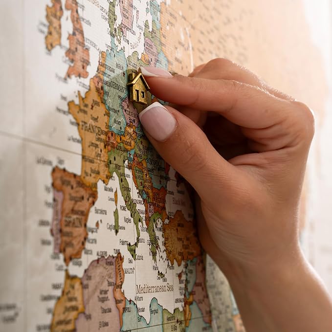 Canvas World Map with Cork Pin Board - English Lettering - Decorative Wall Decoration for All Rooms - Canvas Pictures with World Map Motif (70x50 cm, Pattern 22)