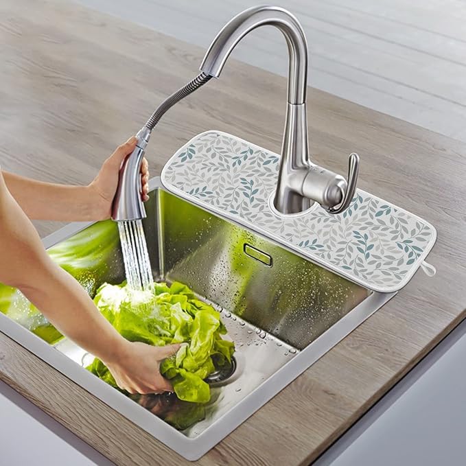 Gray and Blue Leaves Branches Faucet Water Catcher Mat 2 Pack Botanical Herbs Flowers Drying Mat Absorbent Bathroom Faucet Handle Drip Catcher Tray Bar RV Kitchen Sink Splash Guard 23x5 Inches