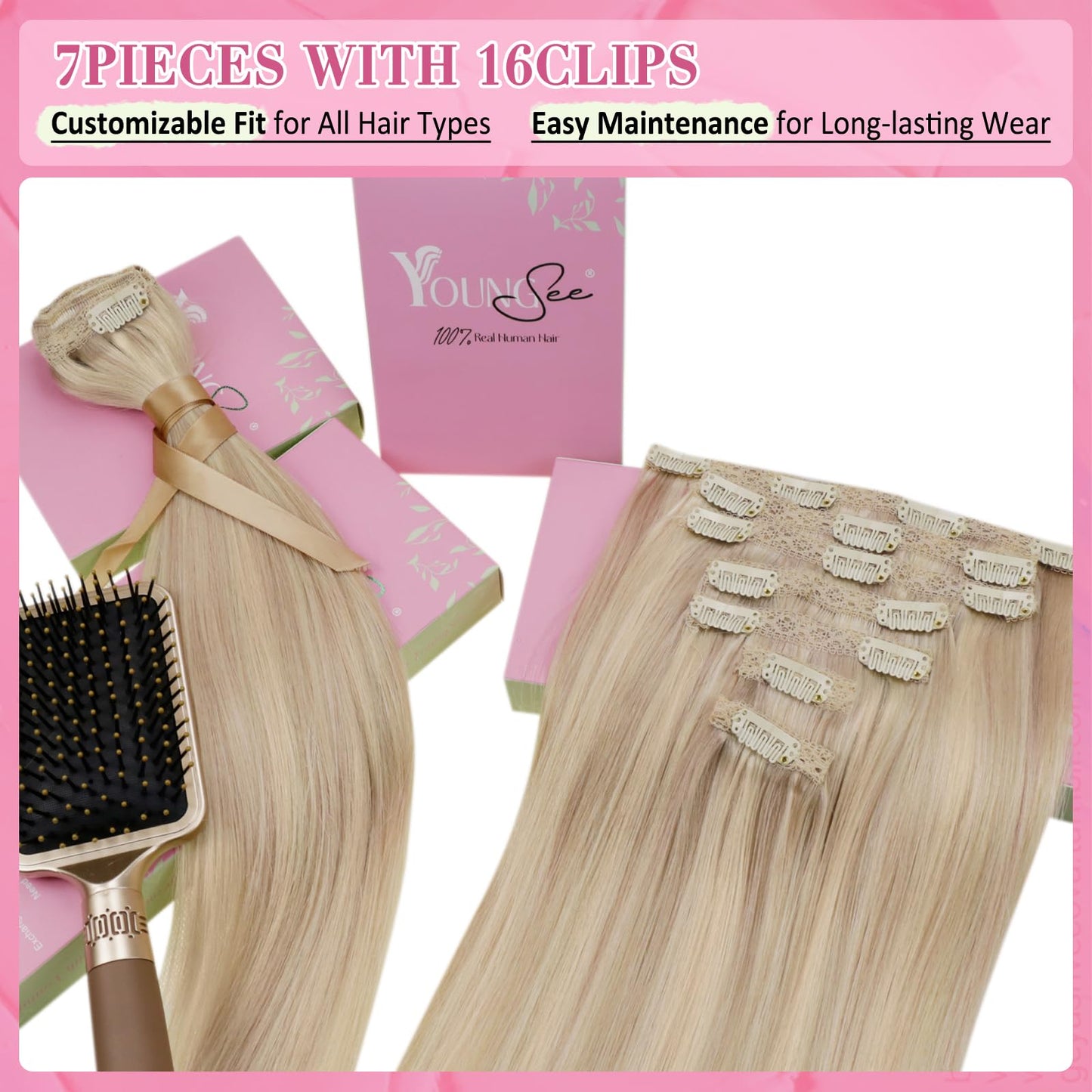 YoungSee Clip in Human Hair Extension Highlight Clip in Hair Extensions Human Hair Warm Ash Blonde Highlights Bleach Blonde Thic