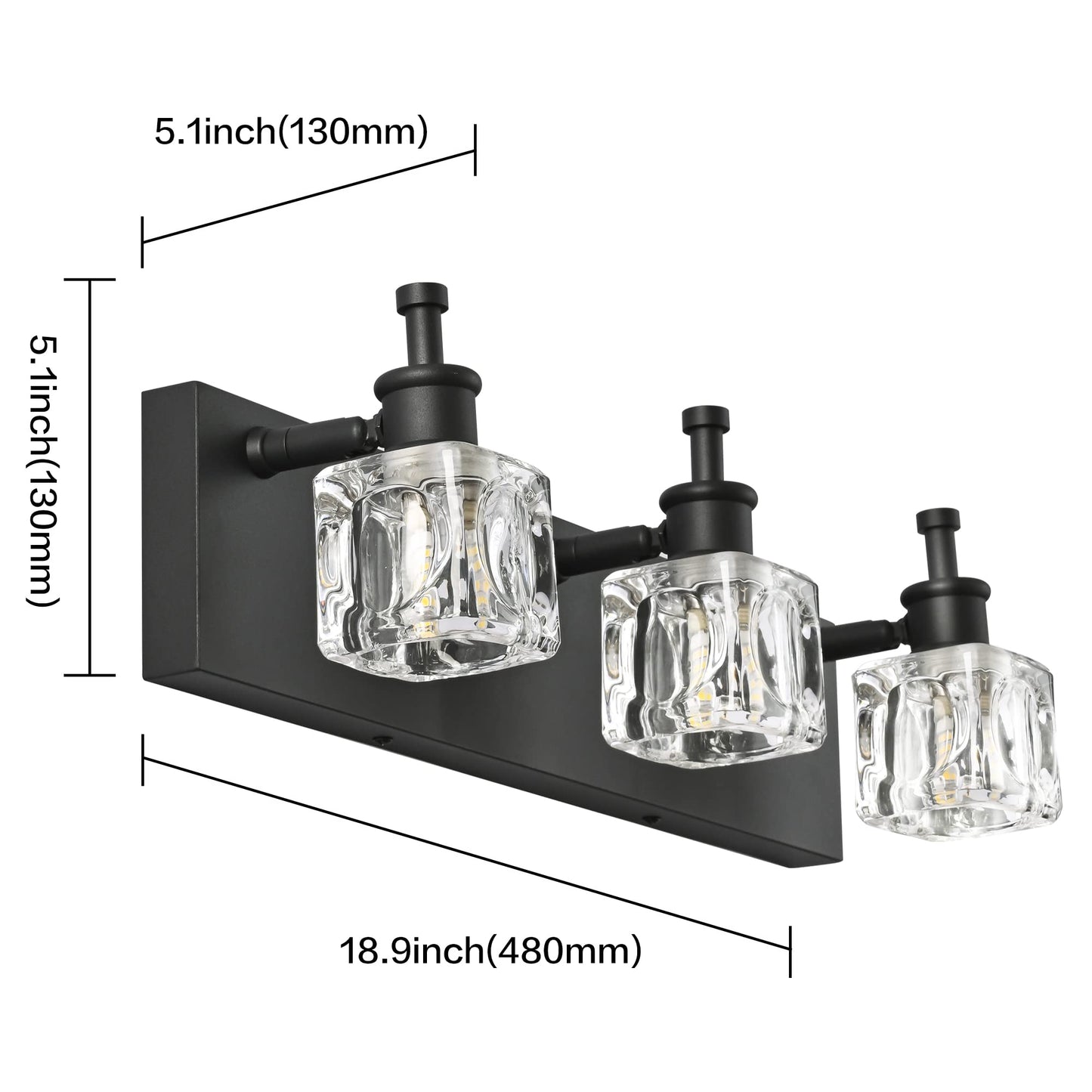 PRESDE Black Crystal Bathroom Light Fixtures, 3-Light Vanity Lighting, Metal Matt Black, Model HU-XI-201