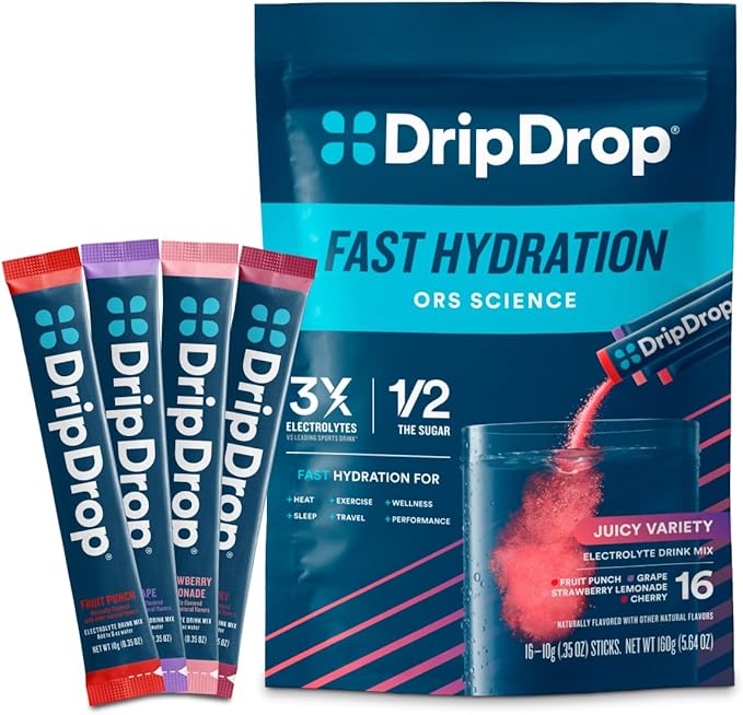 DripDrop Hydration Packets - Juicy Variety Pack - Single Serve Electrolytes Powder Drink Mix - Grape, Fruit Punch, Strawbe...