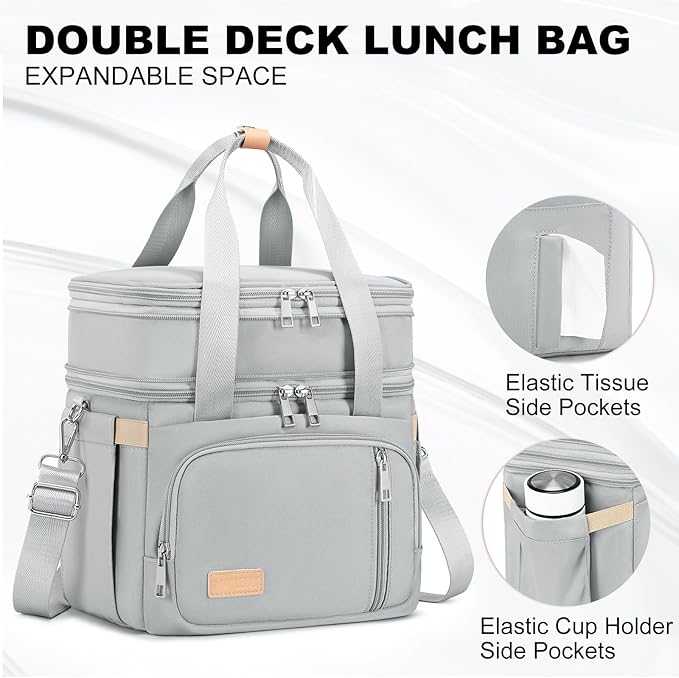 Lunch Box for Men Women - Double Deck Insulated Lunch Bag, Large Leak Proof Tote Cooler, Wide Open Dual Compartment Lunch Bags with Shoulder Strap, For Work Picnic Hiking Beach, Grey
