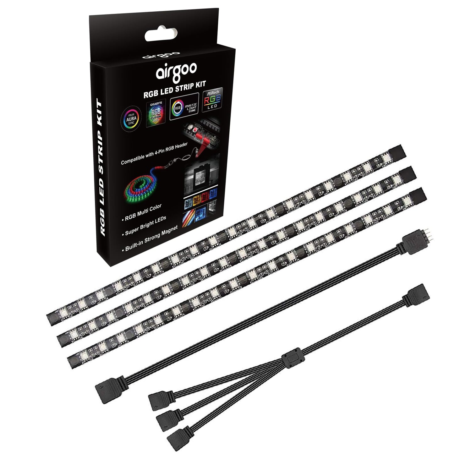 airgoo RGB LED Strip Light, 3pcs Magnetic, 12V 4-Pin, Compatible with ASUS Aura, MSI Mystic Light, Model AGMGCL0008, Self-Adhesive