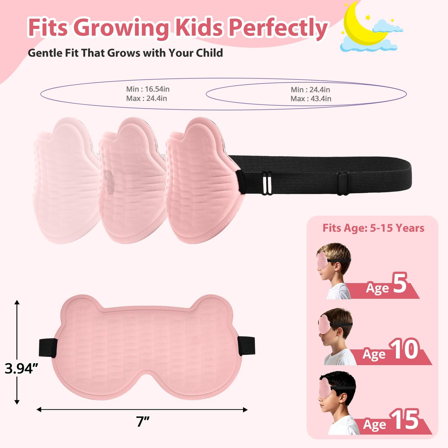 Kids Sleep Mask, 3D Sleeping Eye Mask for Kids with Adjustable Elastic Strap, Bear Shape Eye Cover with Memory Foam, Soft & Light-Blocking, Gift for Boys Girls Teens Age 5–15 (Pink)