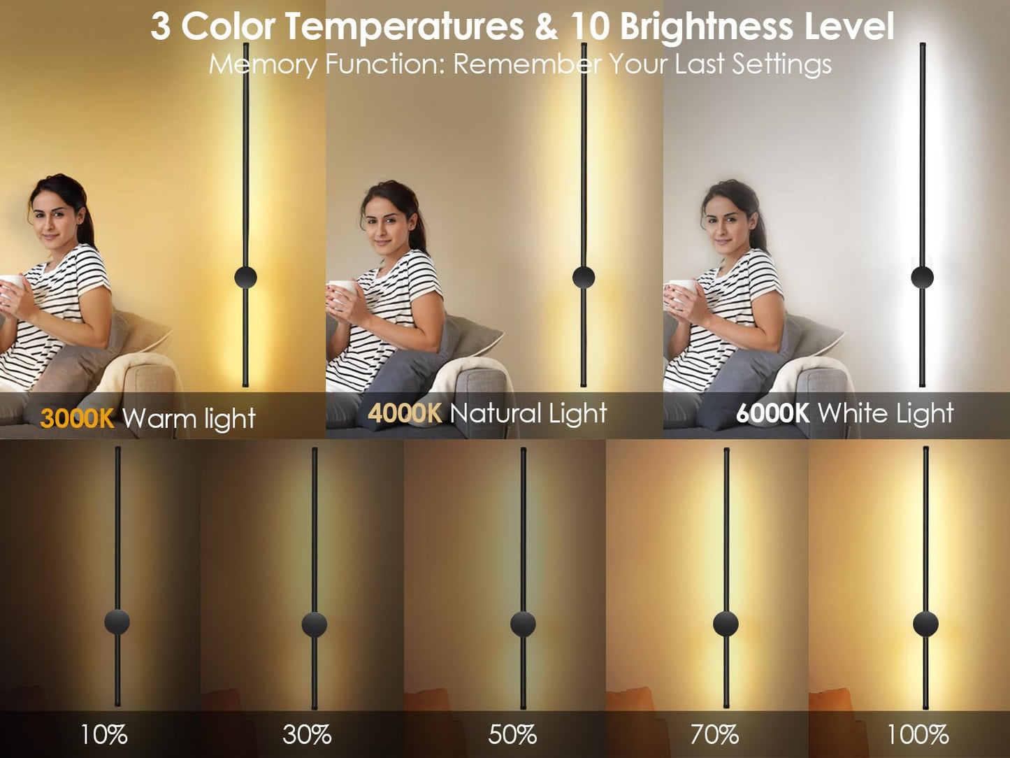 Goodate 39.4 Inch Battery Operated Wall Sconces Set, Dimmable Led, Remote Control, 12000Mah, Black, 2Pack, Model Dc-Cgz