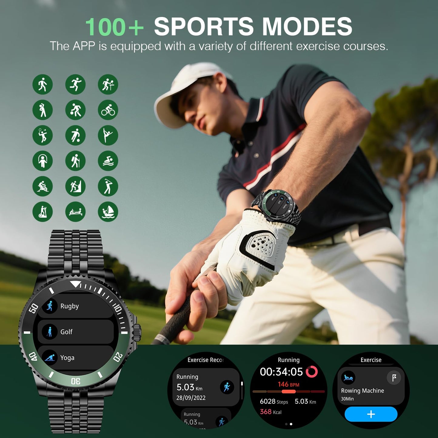 2025 DA GPT Smart Watch with Bluetooth Call,1.19-inch AMOLED Display, 24/7 Heart Rate, Blood Oxygen, Blood Pressure, Sleep Monitor, 107 Sports Fitness Tracker, Compatible Android and iOS Black Green