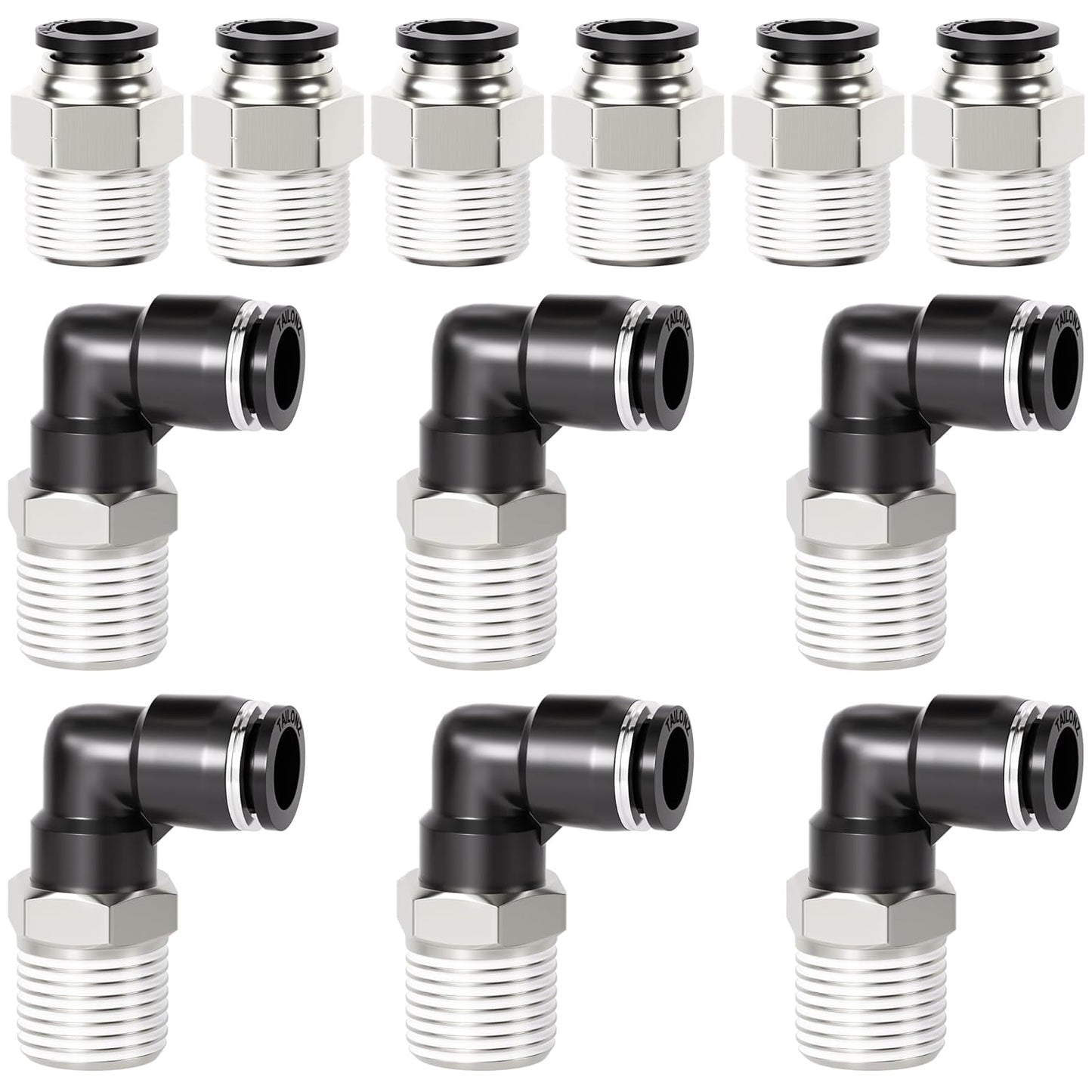 TAILONZ PNEUMATIC Elbow and Straight Combination 1/2 Inch Tube OD x 3/8 Inch NPT Thread Push to Connect Fittings PC-1/2-N3+PL-1/2-N3(Pack of 12)