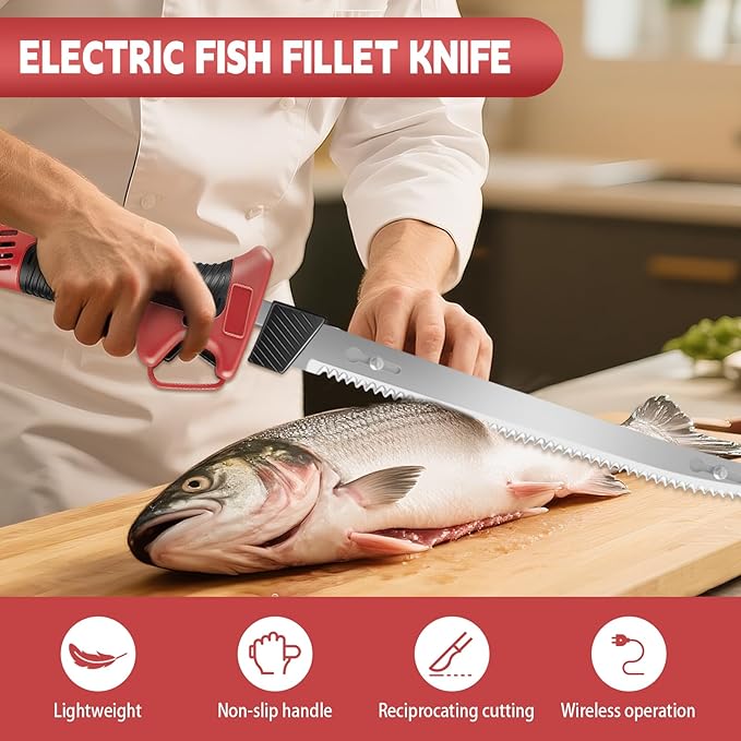Electric Fillet Knife for Fish - Fillet Knife Kit Combo Non-Slip Handle with 4 Stainless Steel Blades Fishing Gift For Men (red)