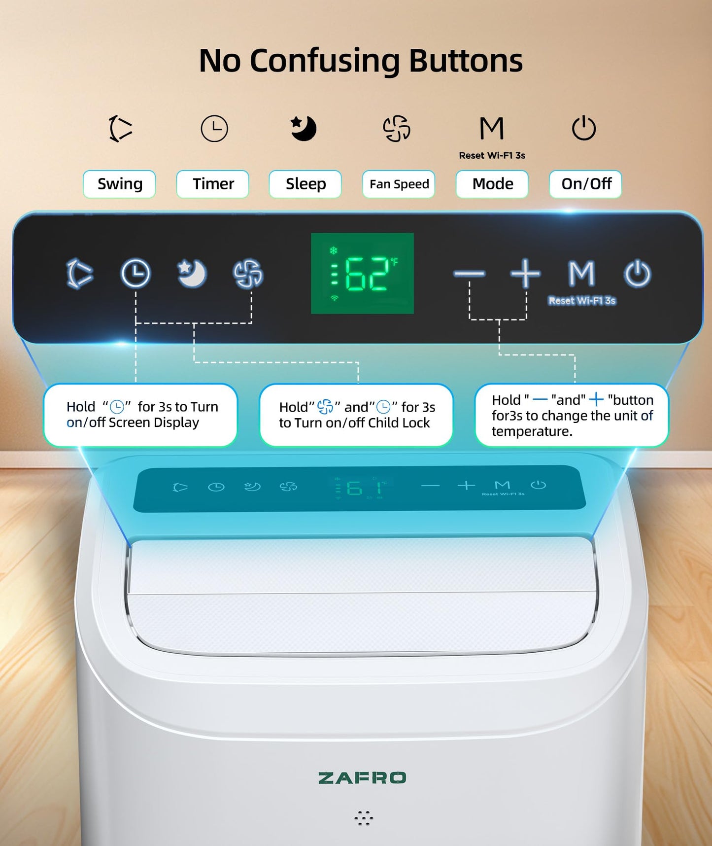 Zafro 12000 Btu Portable Air Conditioners (8000 Btu Sacc), Ac Unit For Bedroom With Drainage-Free Cooling, Fan & Dehumidifier, 4