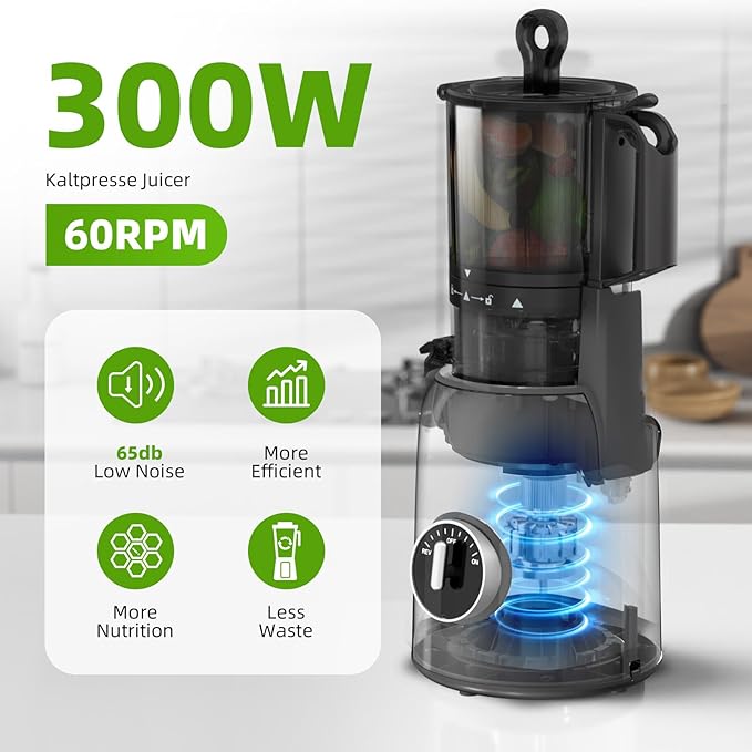 Crzoe 300W Cold Press Juicer with a 5.4 Wide Feed Chute for Whole Fruits and Vegetables,Vintage knob,Slow Masticating juicer, Easy to Clean and High juice Yield,Cylindrical body,Stainless Steel