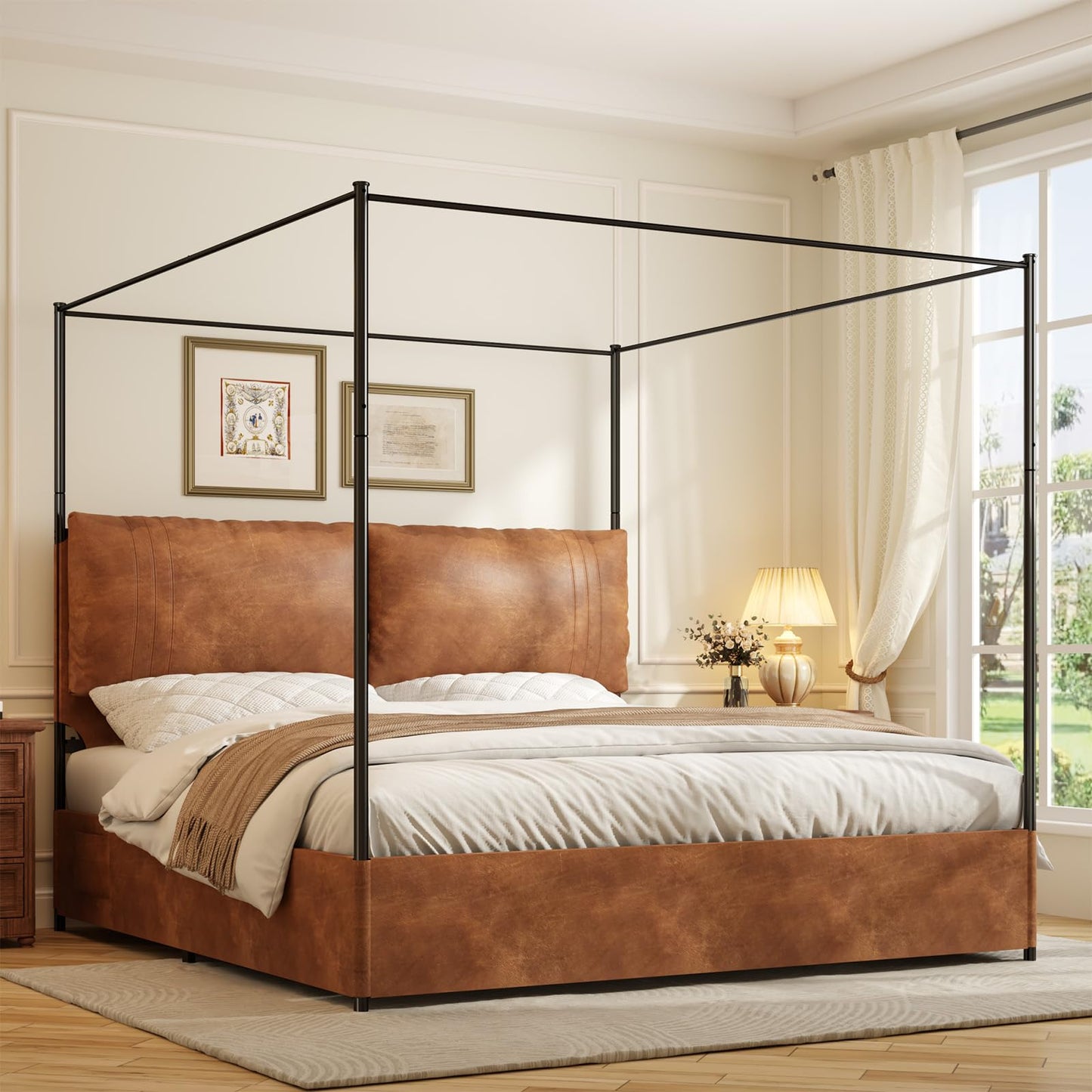 SAMTRA Modern Canopy Bed Frame with Upholstered Faux Leather Headboard – Tall Four Poster Metal Platform Bed, No Box Spring Needed, King Size, Brown and Black