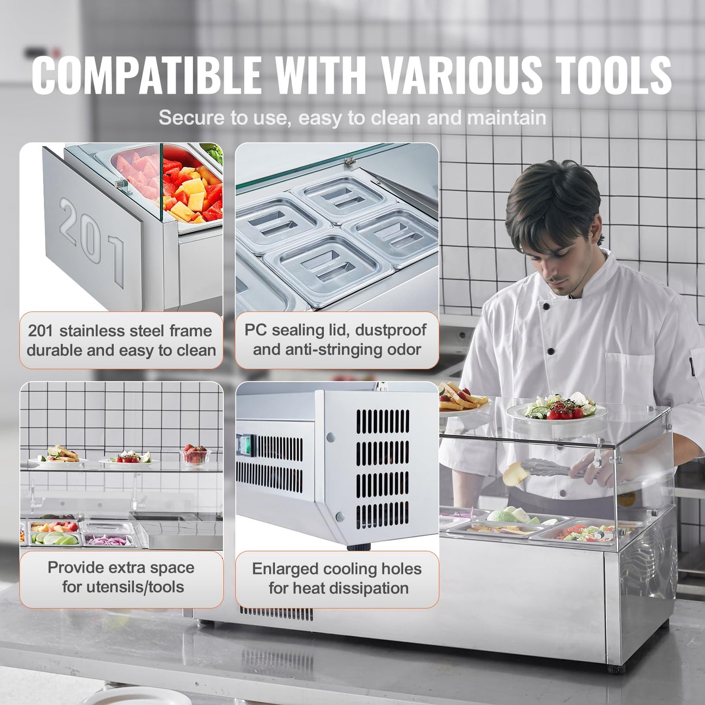 VEVOR Countertop Refrigerated Condiment Station, with 1 1/3 4 1/6 Pans, 304 Stainless Body and PC Lid, Sandwich Prep Table Guard, ETL, Glass 40in, Silver