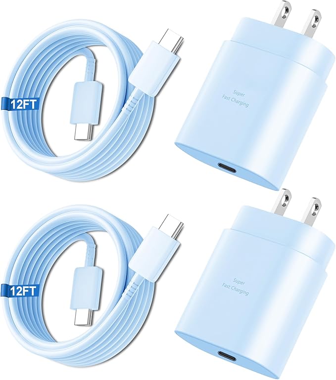 Super Fast Charger Type C, 25W USB C Wall Charger Fast Charging for Samsung Galaxy S25 Ultra/S25/S25+/S24+/S24 Ultra/S24/S24+/S23 Ultra/S22 Ultra/S21 Ultra with 12FT Long Type C Charger Cable 2Pack