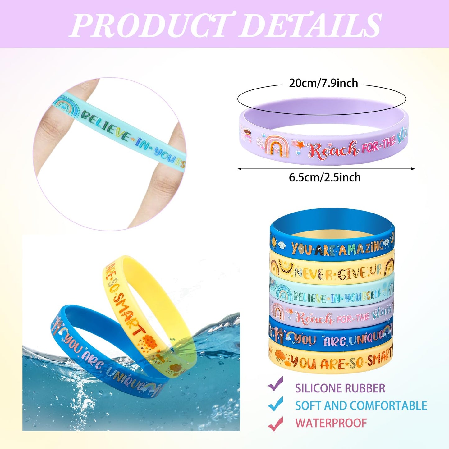 Poen 120 Pcs Motivational Silicone Bracelets Rainbow Inspirational Silicone Boho Wristbands Back to School Gifts for Kids Studen