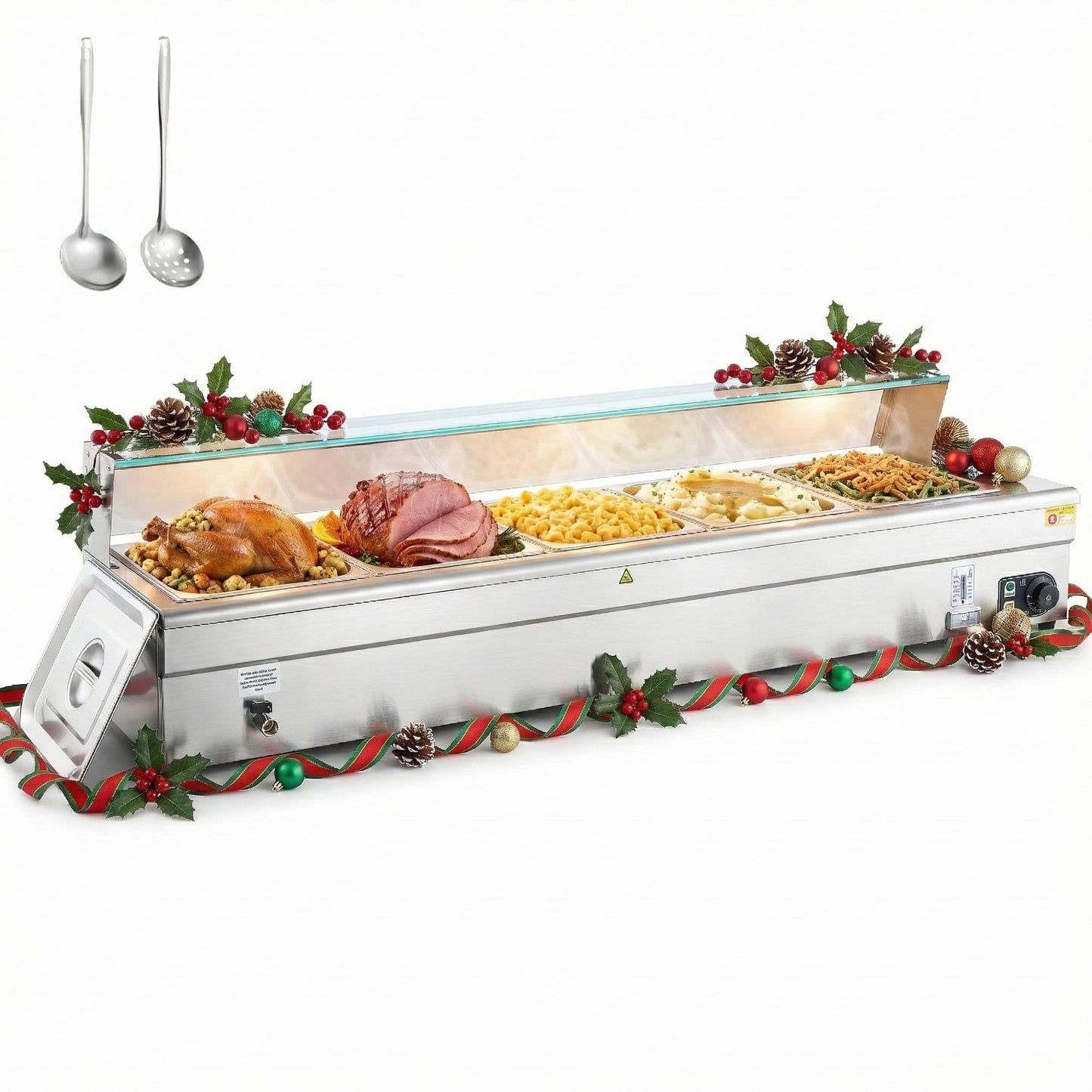 WILPREP 5-Pan Commercial Food Warmer with Sneeze Guard, Five 1/2 Pans, 1500W Countertop Electric Steam Table, 86-185°F Adjustable Temp Control, Stainless Steel Buffet Bain Marie