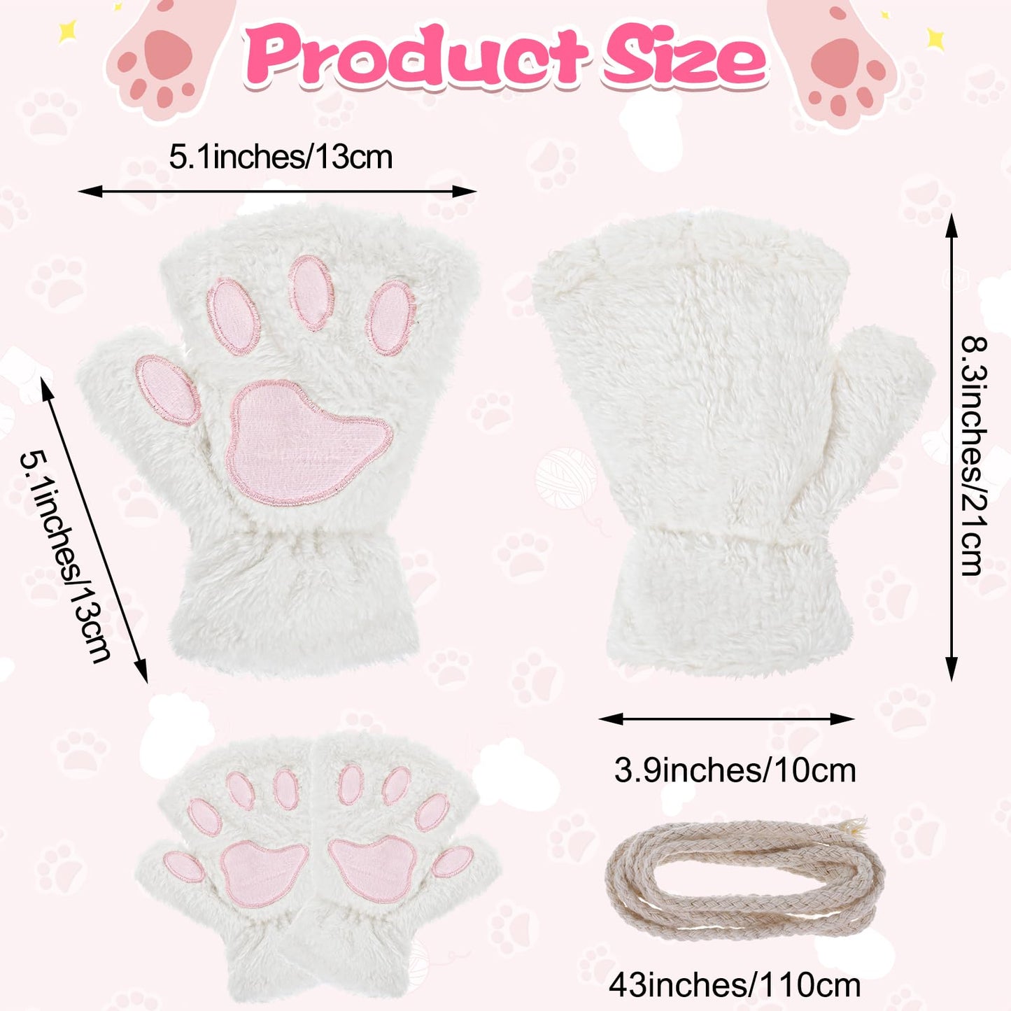 Tyqour 1 Paris Cat Paw Gloves Fingerless Furry Paws Cute Furry Costume White Gloves Kawaii Cat Glove for Women Girls Accessories for Cosplay Glove Novelty Clothing Hand Paw Gear