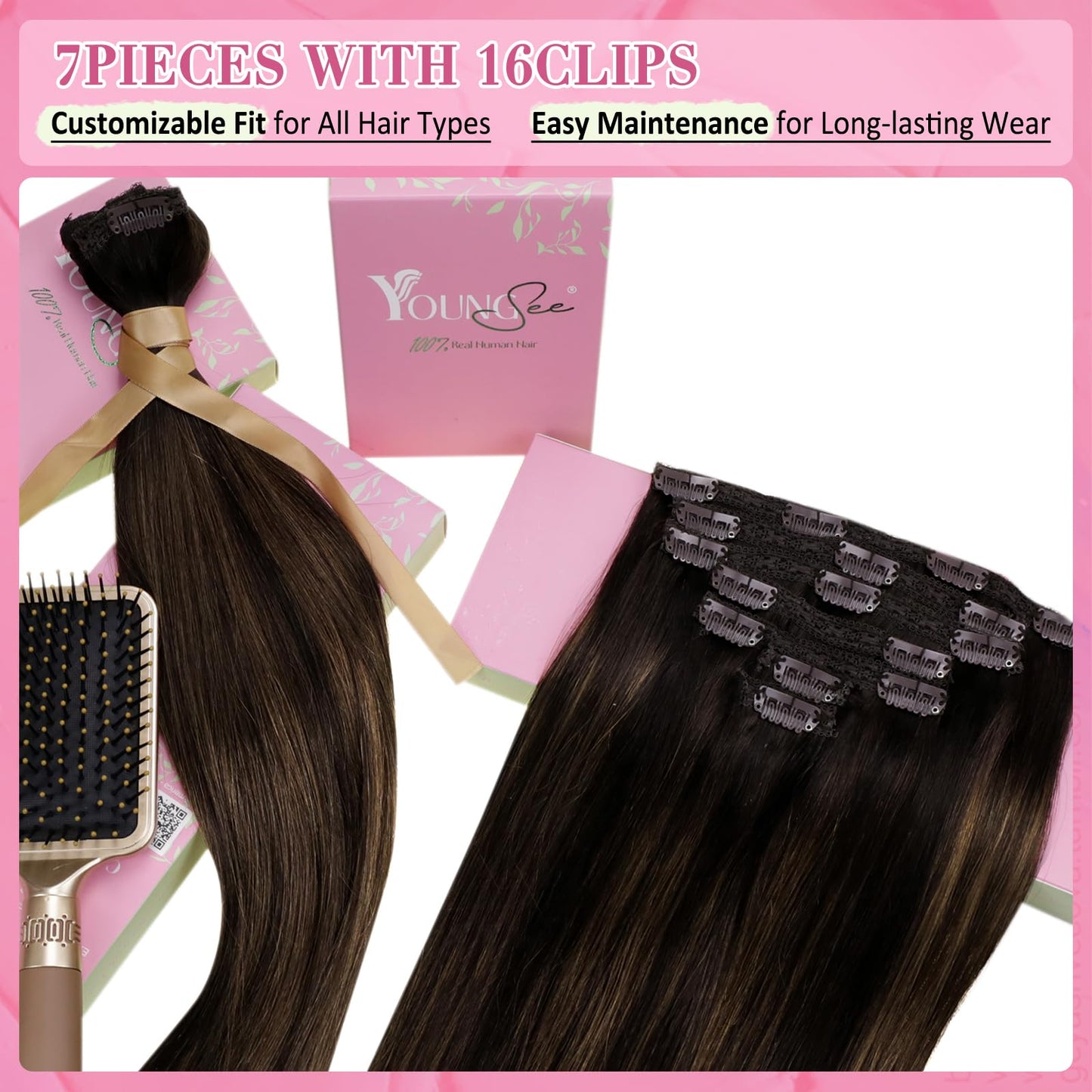 YoungSee 150G Clip in Human Hair Extension Balayage Hair Extensions Clip ins Dark Brown Mix Medium Brown Highlights Brown Balaya