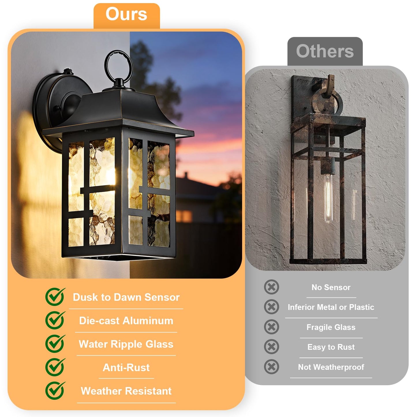 Okeli 2-Pack Dusk To Dawn Exterior Lighting Fixture  Farmhouse Outdoor Wall Lights With Ripple Glass  Aluminum Porch Light Wall Mount  Anti-Rust Outside Wall Sconce For House  Garage(Black&Gold-Trim)