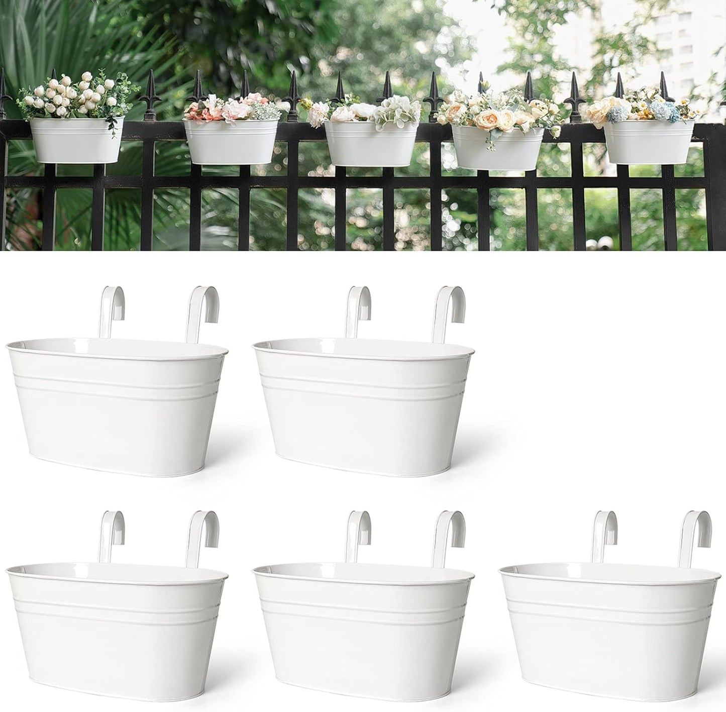 Dahey Metal Iron Hanging Flower Pots for Railing Fence Hanging Bucket Pots Countryside Style Window Flower Plant Holder with Detachable Hooks Home Decor,White,5 Pcs
