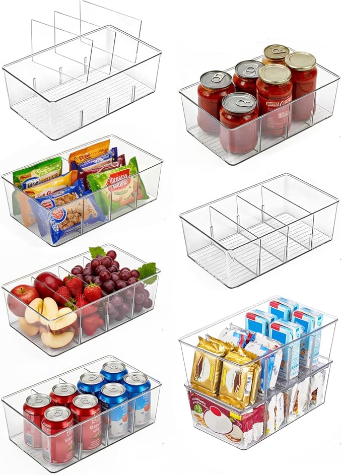 8 Pack Refrigerator Organizers and Storage,Clear Plastic Storage Bins with 3 Dividers for Pantry,Kitchen,Fridge Organization and Storage,Snack Containers for Spice Packets,Tea bag organizer