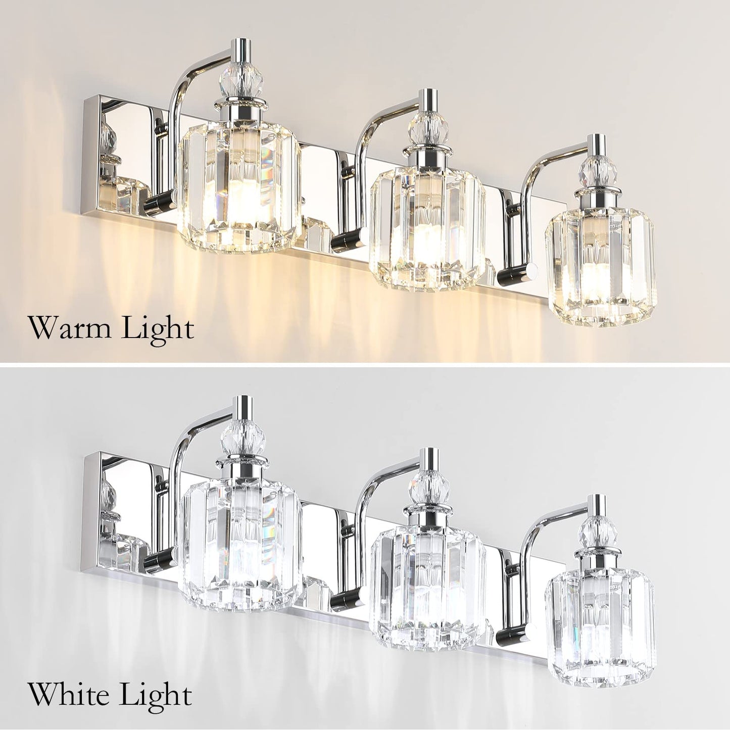 Ralbay 3-Light Crystal Vanity Light Fixtures, 24 Chrome Stainless Steel, Model 8605 For Modern Bathroom Wall Lighting