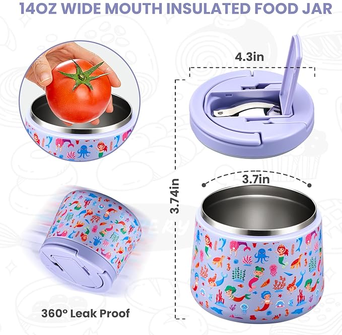 Kids Thermo for Hot Food, 14oz Insulated Soup Jar, Stainless Steel Lunch Box with Leakproof Lid & Spoon, Vacuum Insulated Bento Container (Mermaids Purple)
