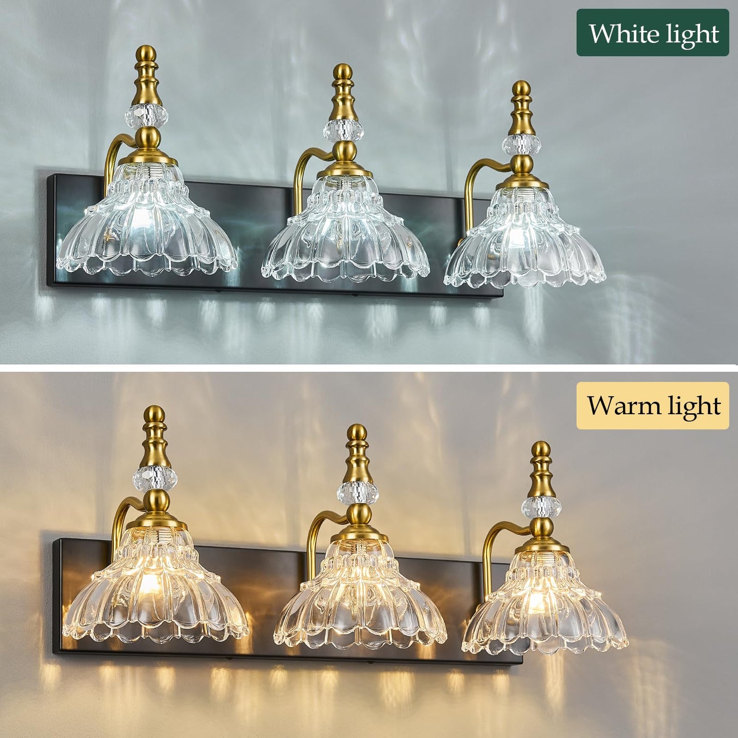 Lbsqj Vintage Bathroom Vanity Light  3-Light Black Gold Vanity Lighting Fixture With Flower Glass Shade  Bathroom Lighting Fixtures Over Mirror