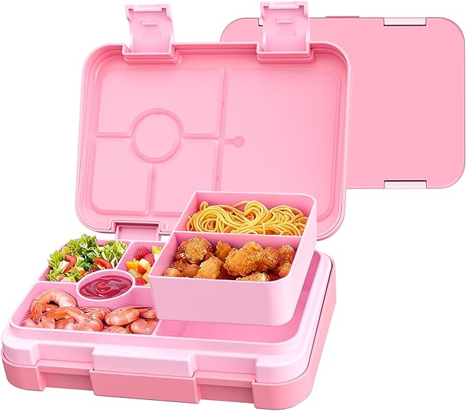 Bento Lunch Box for Kids, 6 Compartments BPA Free, Dishwasher Safe Back to School Snack Bento Lunch Containers Boxes, Ideal Portion Sizes for On-the-Go Meal, Ages 3+, School, Pink