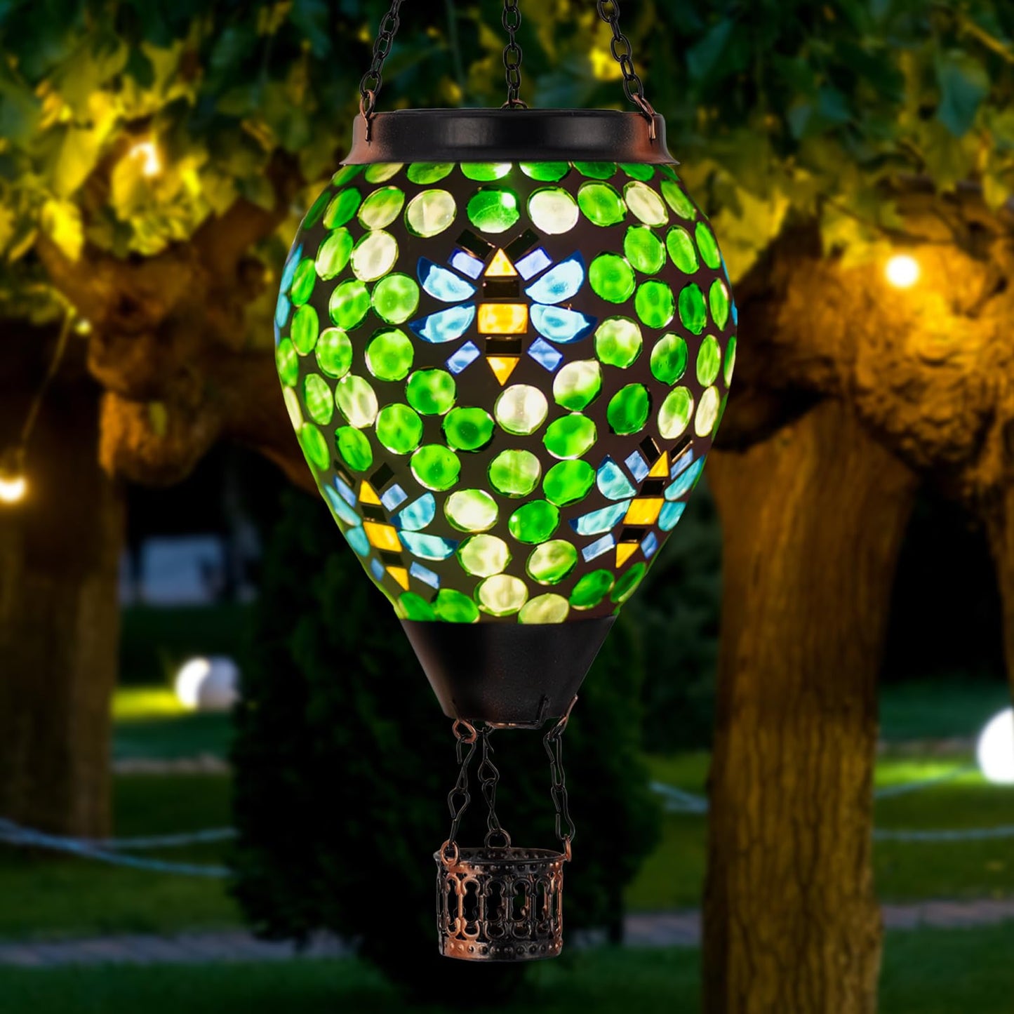 Dreamskip Bee Solar Hot Air Balloon Lantern Outdoor Waterproof  Green Mosaic Glass Hanging Solar Lantern Lights  Outdoor Hanging Lights For Patio Yard Garden Gift For Mom Grandma Women