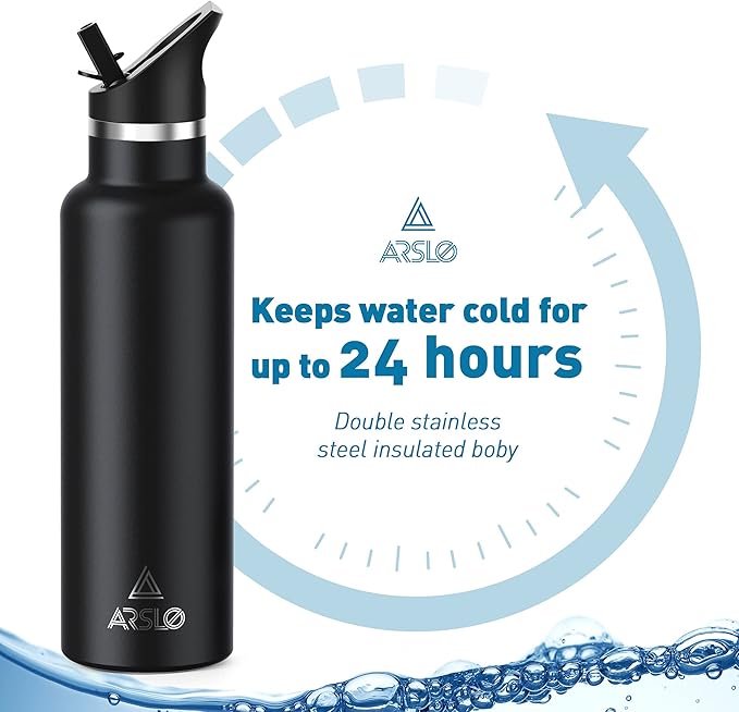 Stainless Steel Double Wall Water Bottles 20oz, Vacuum Insulated Bottle With Straw Lid, Insulated Water Bottle Keeps Water Cold for 24 Hours, Hot for 12 Hours, Hiking, Sports