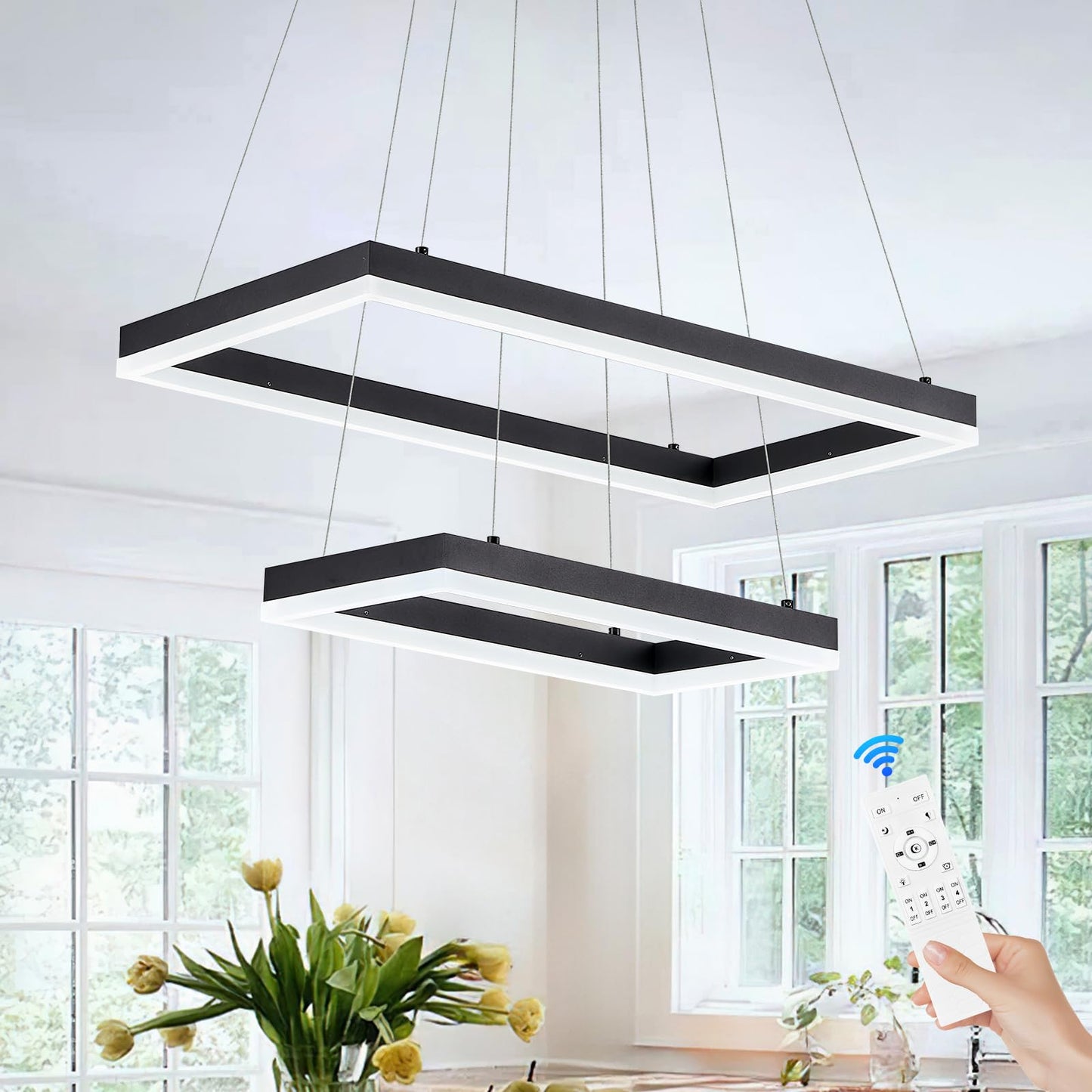Benkut Modern LED Chandelier 2 Rings Dimmable Pendant Light 23.6in Black Aluminum Flush Mount for Dining Living Room Foyer