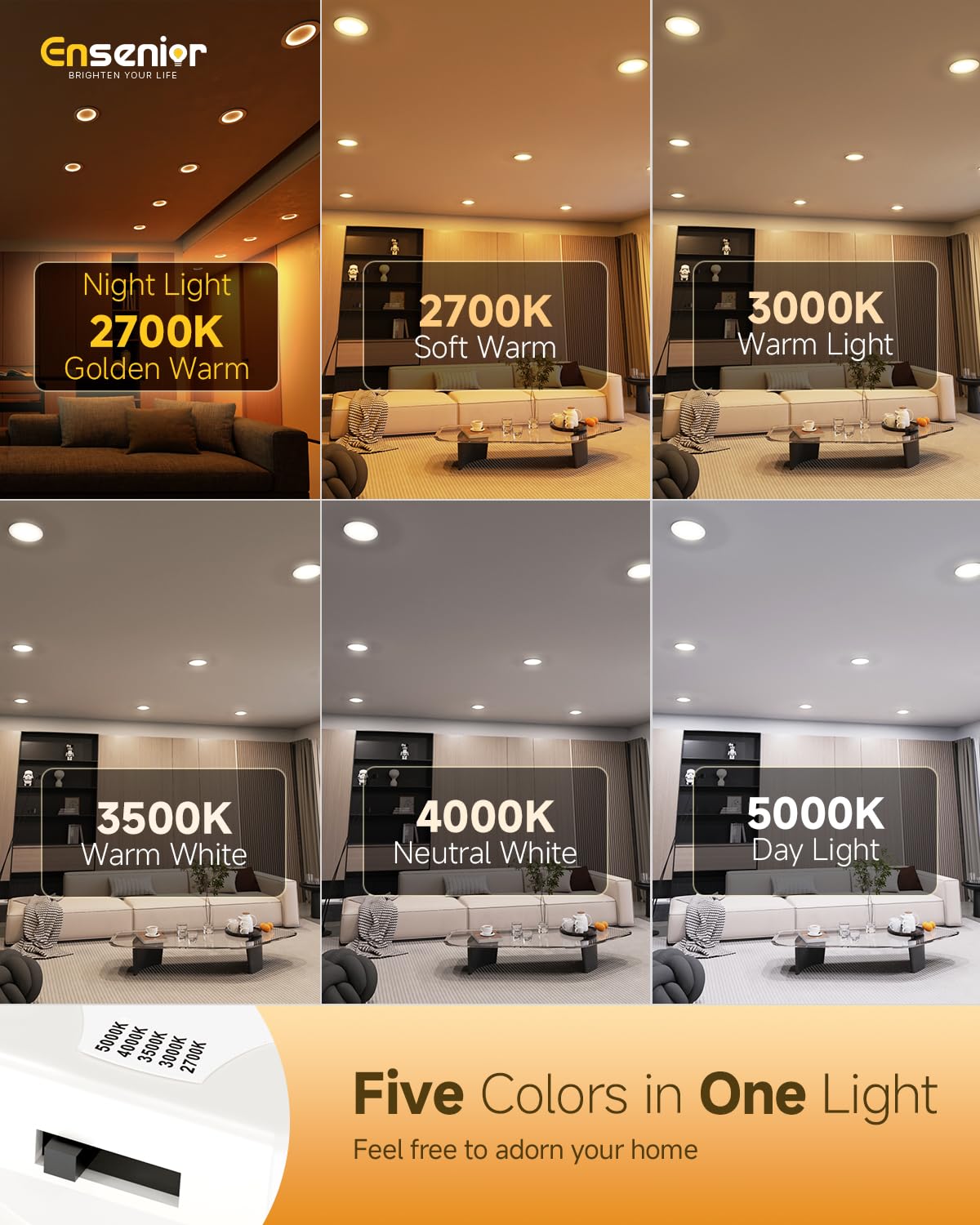 Ensenior 6 Pack 4 Inch 5Cct Led Can Lights With Night Light  Retrofit Led Recessed Lighting  Dimmable  7W 120V  700Lm