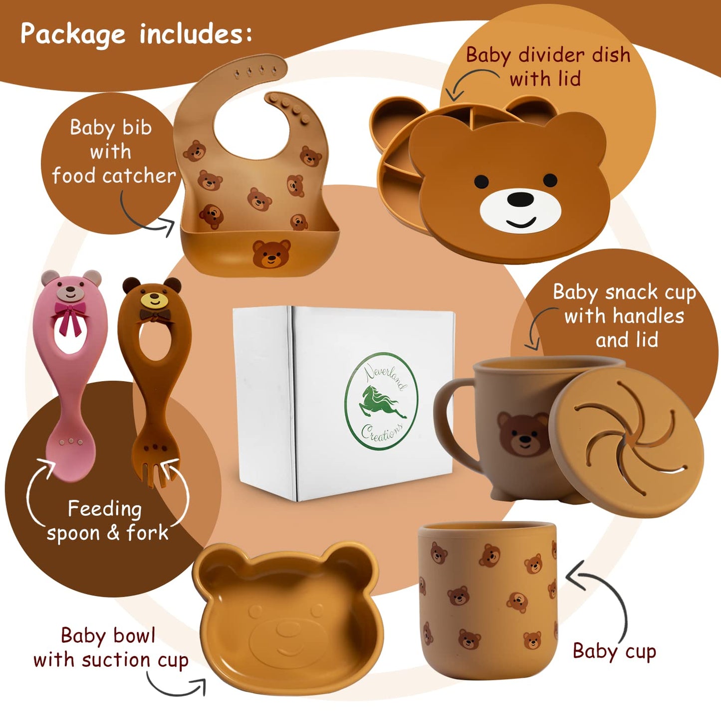 Neverland Creations Silicone Baby Feeding Set - 7 Piece - Baby Led Weaning Supplies - Suction Bowl, Divided Plate, Adjustable Bib, Snackcup, Cup, Eating Utensils and Baby Dishes for 6+ Months