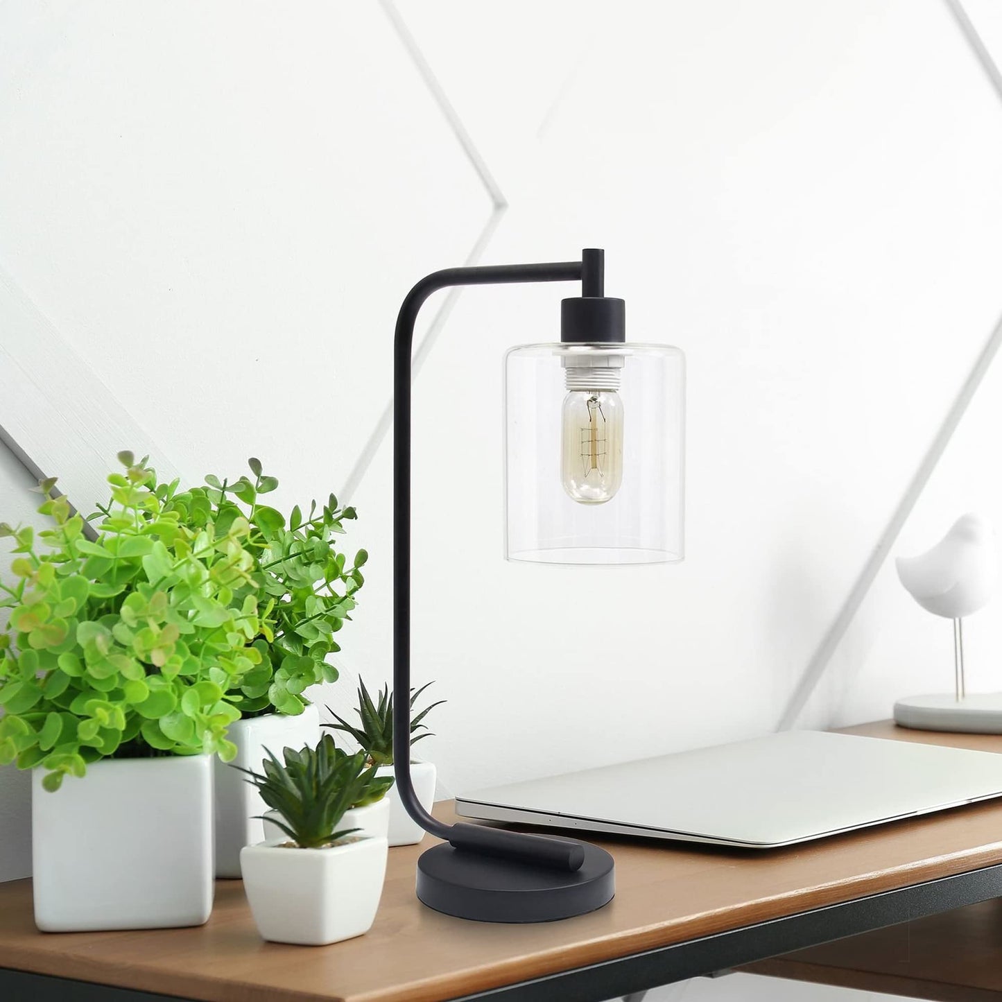 LALIA HOME Modern Iron Desk Lamp, Glass Shade, 9 x 5.75 x 19, Black, Model LHD-2003-BK