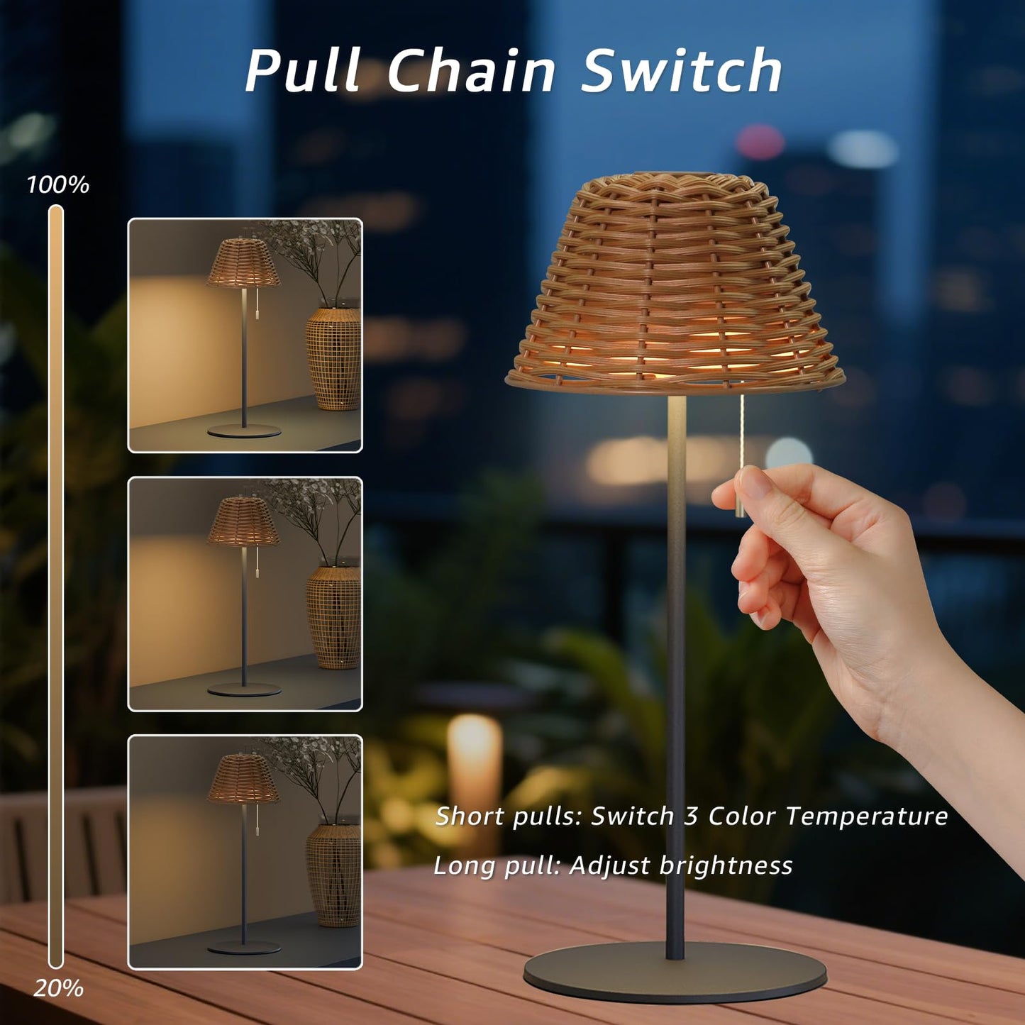 NiceBuy Rattan Table Lamp, Cordless Rechargeable, IP44 Water-Resistant, Small, Style D, Model OKS-MLERX809IPOP
